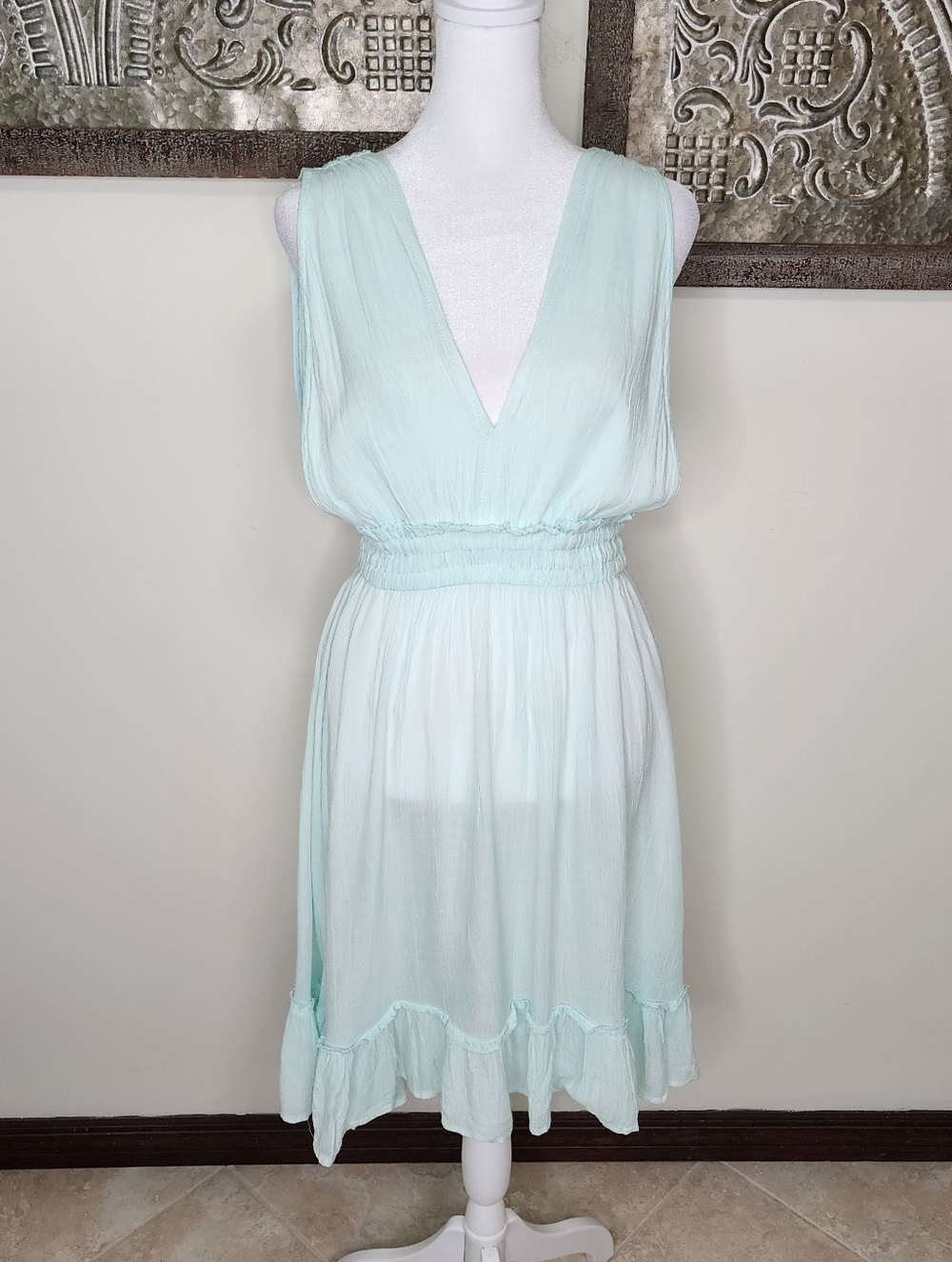 Pale Aqua Lightweight Gauzy V-Neck Sleeveless Mini Dress Cover-up Beachy Casual